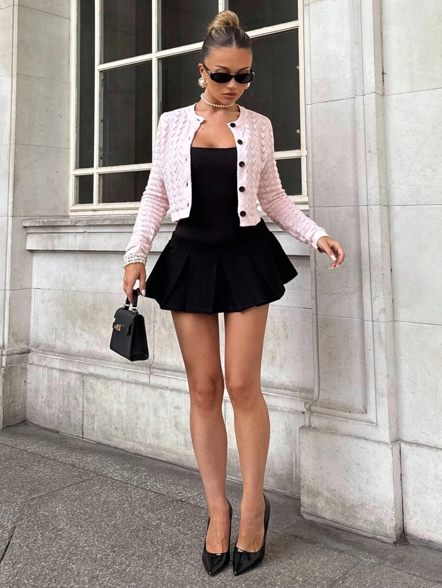 Glamine 秋冬镂空针织粉色短款开衫，优雅女士纽扣前毛衣 - 粉色 - 查看 1