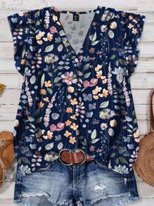 EMERY ROSE Plus Size Women Casual Vacation Elegant Flare Sleeve Loose Blouse, Minimalist Style Suitable For Summer, Front Button Closure, Ditsy Floral, Vintage Flower Pattern Chic Blouses For WomenIn Fall/Winter