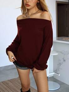 Rina Fox 女士纯色露肩长袖休闲宽松T恤，春夏印花T恤，女士上衣，适合春秋季穿着 - 酒紅色 - 查看 1