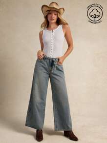 Mid Rise Loose Wide Leg Cotton Blend Denim Jeans Summer Boho Cowgirl Nashville Rodeo - Light Wash - View 1