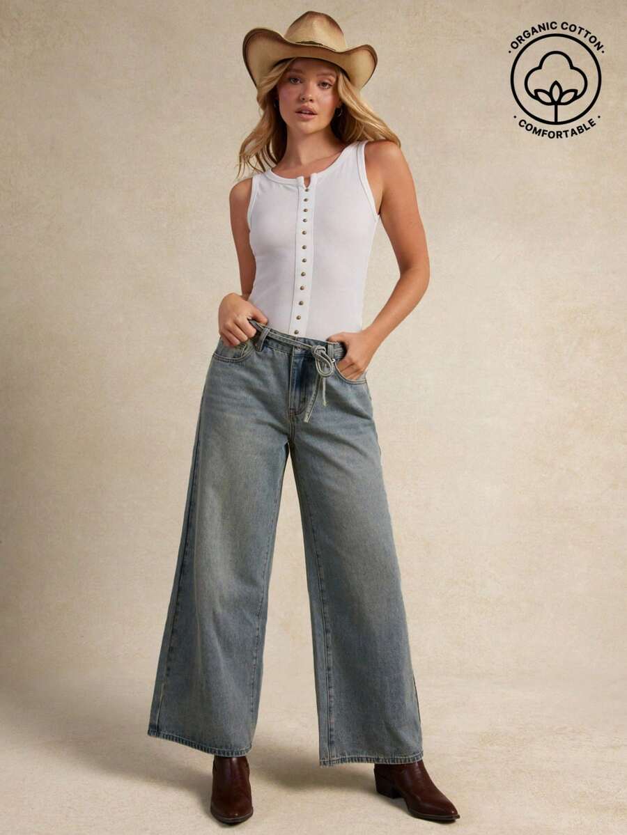 Mid Rise Loose Wide Leg Cotton Blend Denim Jeans Summer Boho Cowgirl Nashville Rodeo - Light Wash - View 1