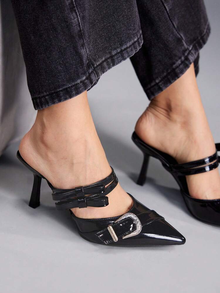 CUCCOO GRLICON Women's Metal Buckle Thick Belt Pointed Toe Stiletto Heel Mid-Heel Pumps, Personalized Commuter Chic Girl Street Motorcycle Punk Rock Style, Black Patent PU Leather Mule Heels, Fashion Blogger & Workplace Outfit