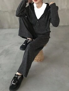 FRIFUL Bộ đồ thường ngày cho nữ, áo hoodie và quần dài tay dài có dây rút phía trước, màu trơn, hở vai - màu đen - Xem 5