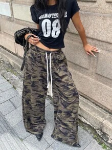 Coolane 女士秋季四季外出街头服饰复古弹力腰带迷彩针织阔腿休闲图案弧形下摆裤 - 彩色 - 查看 3