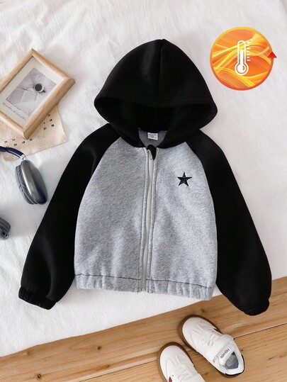 Genkimix Kids 年轻女孩休闲黑灰色拼色刺绣星星拉链连帽夹克