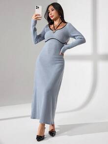 Modelyn V-Neck Color Block Tie Collar Metal Decor Button Long Sleeve Waist Cinched Women Long Dress Fall Cloth For Women - Blue - View 4