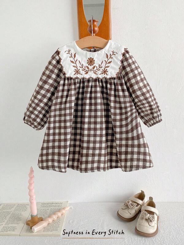 Cozy Pixies Baby Girl Floral Print Contrast Color Peter Pan Collar Long Sleeve Waist Dress Fall Winter