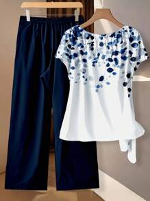 EMERY ROSE Conjunto de 2 piezas de talla grande con elegante estampado azul y blanco para vacaciones - Multicolor - Ver 2