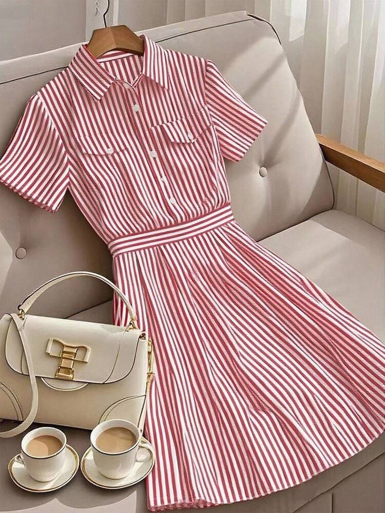 Franclia 女士休闲条纹连衣裙，夏季 - 紅色 - 查看 1