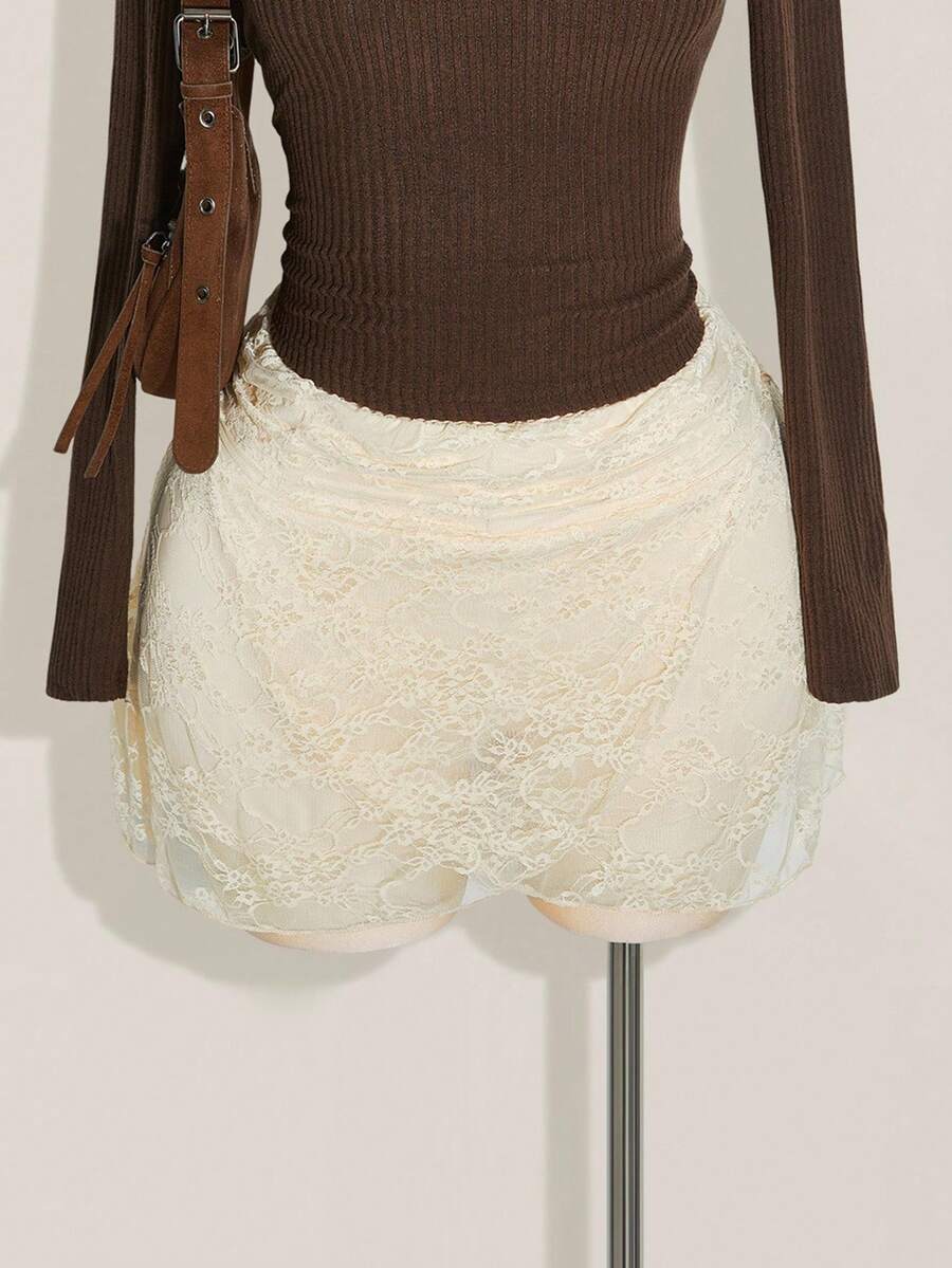 SHEIN ICON Falda de encaje con pliegues en la cintura, cruce en el bajo y línea A, estilo bohemio, para tallas grandes - Albaricoque - Ver 1