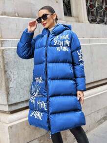 EURMUSE Plus Size Women Winter Slogan Print Full Zip Long Hooded Padded Coat - Royal Blue - View 4