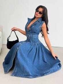 EURMUSE Váy denim cài nút phía trước cho nữ - Rửa trung bình - Xem 4