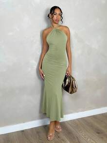 Glamine Backless Long Casual Dress With Neck Twist Design Maxi Women Outfit - Mint Green - View 4