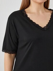 RueChic Cotton Scalloped Lace Hem Sleepwear Set - Black - View 5