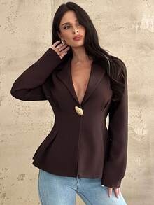 Firerie 女士休闲优雅收腰咖棕色西装外套/仿麻面料西装/收腰西装/女冬装/秋装/返校/校服/女教师装/商务休闲女装/知性优雅女装 - 咖啡棕 - 查看 5