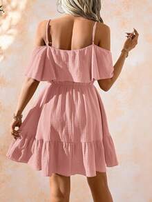 Amorya Women's Elegant Romantic Solid Green Textured Chiffon Fabric Off-Shoulder Ruffle Hem Camisole Dress, Spring/Summer Holiday