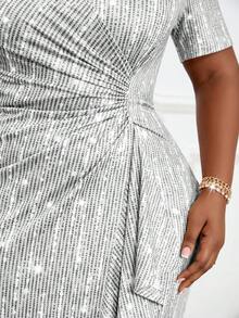 Fleurora 2025 New Plus Size Women Spring And Summer Elegant Silver Elegant Retro Work Wedding Reception Valentine's Day New Year's Party Knitted Depp V Neck Rhinestone Ruffle New Arrival Slim Dress Plus Size Dress Formal Prom Dress  Dresses For Women Elegant Party Dress Long Party Dress Halloween Wedding Guest Dress For Women Elegant Dresses For Party National Day Dress Shiny Dress Plus Size Party Outfit Women Party Outfit Plus Size Silver Dress Curve Birthday Outfit Dinner Outfits For Women  Long Summer Dress For Women - Silver - View 7