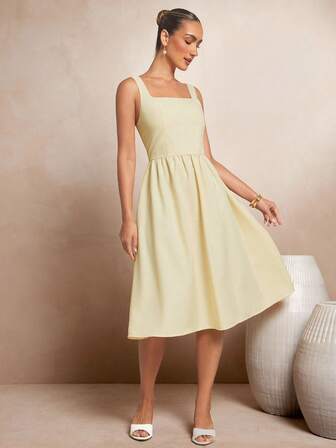 L'Amorae Square Neck Midi Tea Length Fit And Flare Love And Lemonade Dress Easter Church In Butter Yellow