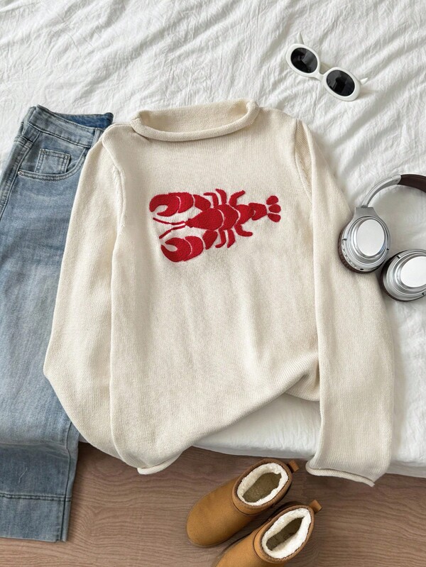 Elamini 女款 Y2K 休闲宽松卷边针织毛衣，饰龙虾刺绣图案