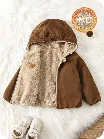 SHEIN Baby/Baby Boy/Girl Reversible Hooded Padded Coat, Fleece Lined Thickened Winter Jacket, Warm & Soft Comfortable Casual Graphic Print All-Match Outerwear, Suitable For Indoor, Outdoor, Daily, Sports, Party, Photography, Holiday In Autumn/Winter Season Baby Bear Jacket Toddler Jackets Baby Boy Coats Fall