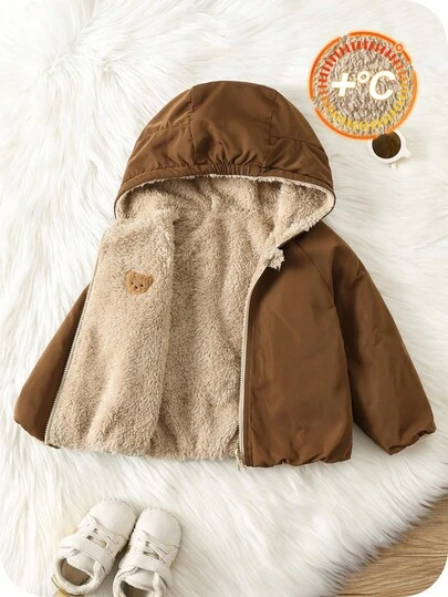 SHEIN Baby Boys Reversible Hooded Padded Coat, Thermal Lined Thickened Winter Jacket, Warm & Soft Comfortable Casual Graphic Print All-Match Outerwear, Suitable For Indoor, Outdoor, Daily, Sports, Party, Holiday In Autumn/Winter Season Baby Bear Jacket Toddler Jackets Baby Boy Coats Fall