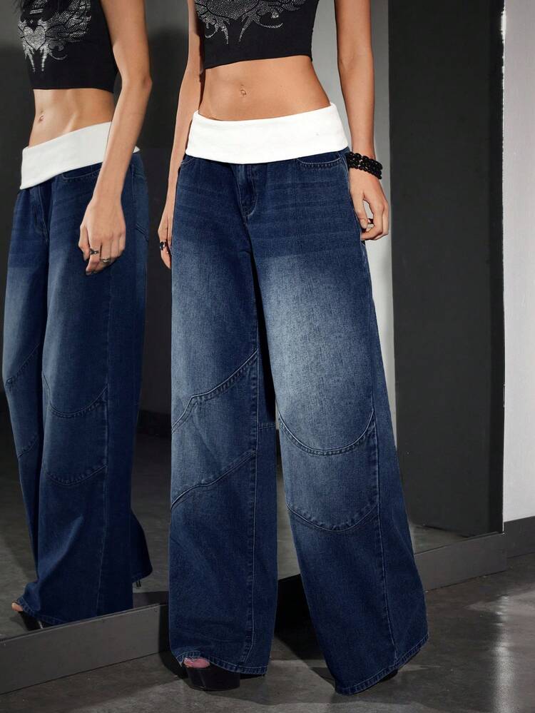 Jeanoix Women's Loose Casual Versatile Ultra Low Waist Wide Leg Jeans - Dark Wash - View 5