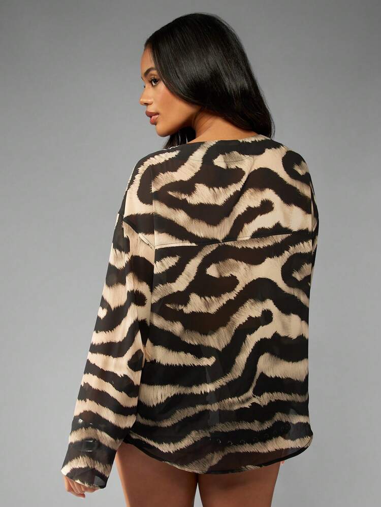 MISSGUIDED Oversized Chiffon Animal Print Blouse Long Sleeve Lace Up Front Party Clubwear Top Festival Zebra Pattern Fall Winter Fashion Loose Fit Statement Piece