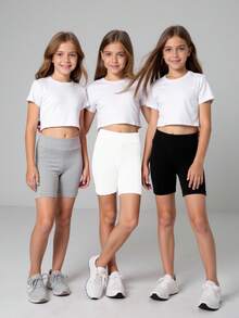 SHEIN 3件組青少年女孩純色黑色、白色、淺灰色短款緊身褲 開學季時尚短款緊身褲 - 黑與白 - 查看 3