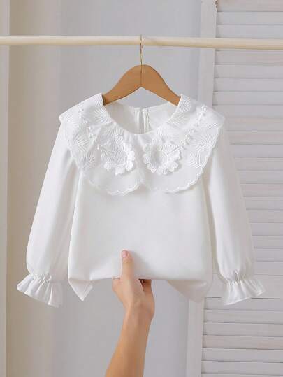 SHEIN Playful Pals Girls' Korean Style Elegant Sweet Cute Embroidered Floral Collar Ruffle Trim Long Sleeve Princess Blouse Shirt, Suitable For Autumn Back To School, Spring & Autumn Fall Winter