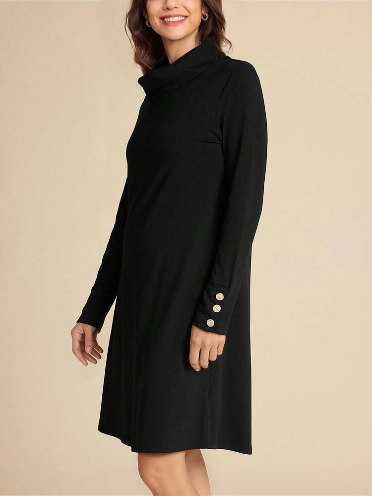 Women Plain Color Long Sleeve Minimalist Short Casual Dress, For Everyday Wear Dress Preto Spring Dress