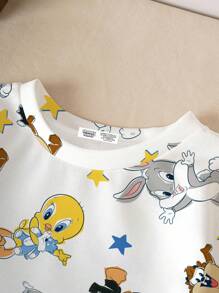 LOONEY TUNES X SHEIN Sudadera casual de niña bebé con estampado de dibujos animados y estrellas, para primavera/otoño - Blanco - Ver 4