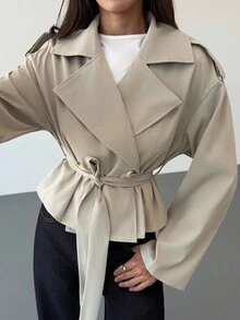 Aloruh 女士休闲纯色短款风衣，春秋季时尚冬季款 - 綠色 - 查看 5