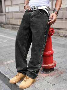 Manfinity EMRG Men's Casual Street Style Rivet Loose Slant Pocket Denim Jeans - Dark Grey - View 4