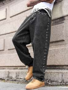 Manfinity EMRG Men's Casual Street Style Rivet Loose Slant Pocket Denim Jeans - Dark Grey - View 5