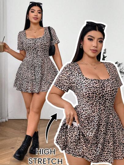 SHEIN EZwear Plus Size Women's Leopard Print Square Neck Short Sleeve A-Line Ruffle Hem High Stretch Knit Jumpsuit Romper With Pockets, Suitable For School, Outdoor, Yoga, Fitness, Casual Daily Wear, All Season