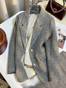 Franclia Retro französischer, eleganter H-förmiger Revers Grau-Blau Blazer für Frauen, geeignet für den täglichen Gebrauch, Herbst/Winter - Verschiedenfarbig - Übersicht 6