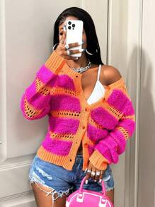 BamGleam Women's Long Sleeve Single-Breasted Casual Hollow Striped Knit Cardigan Fall Winter Cloth For Women