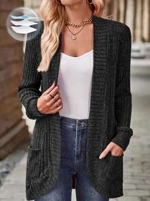 SHEIN LUNE Cárdigan de punto con bolsillo de unicolor minimalista y casual, adecuado para primavera y otoño - Gris Oscuro - Ver 1