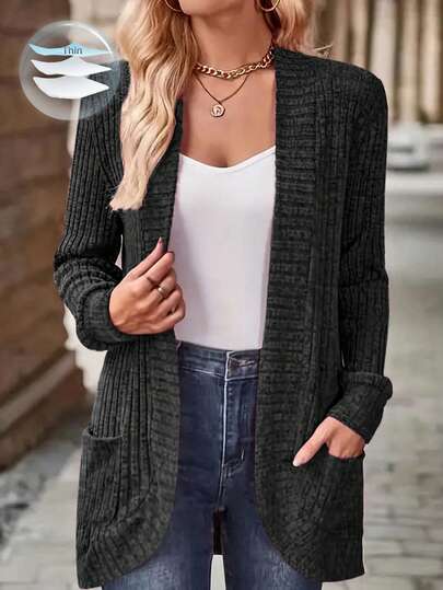 SHEIN LUNE 简约休闲纯色口袋针织开衫，适合春秋季