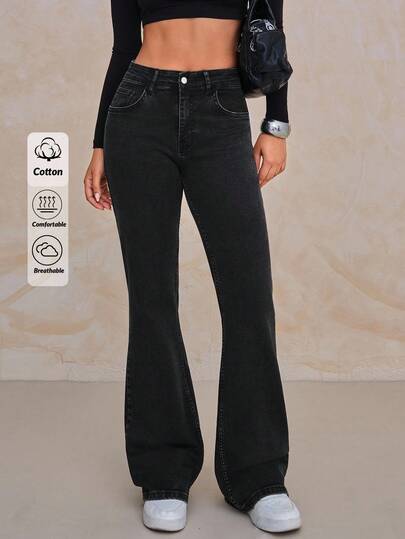 EURMUSE SOLID COLOR SLANT POCKET HIGH WAIST CASUAL FLARE JEANS Flare Jeans Women Flared Jeans