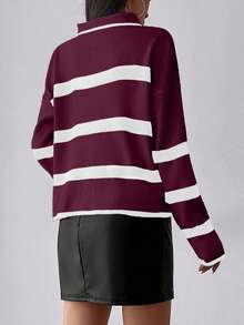 SHEIN PETITE Women's Casual Loose Striped Zip-Up Lapel Drop Shoulder Sweater, Autumn,Jumper,Cream Jumper,Jumpers,Christmas Jumper,White Jumper,Black Jumper,Ladies Jumper,Women's Jumpers - Burgundy - View 3