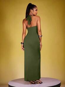 INAWLY Váy suông ôm dáng đơn sắc dành cho nữ, mùa hè - xanh quân đội - Xem 2