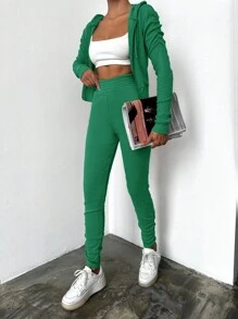 EURMUSE Zip Up Drawstring Hoodie & Leggings - Green - View 4