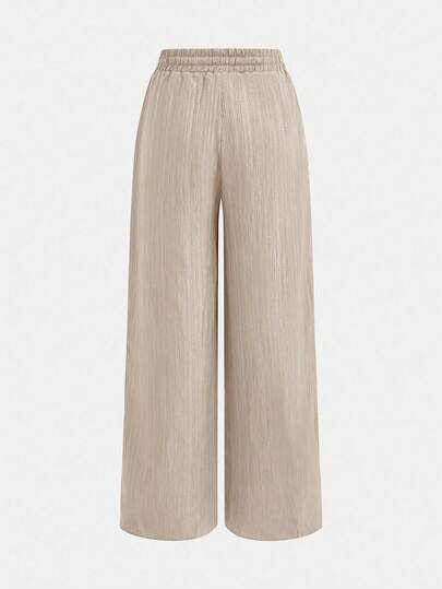 SHEIN Tween Girls' Casual Solid Lotus Root Pink Textured Fabric Drawstring Bow Palazzo Pants Wide Leg Linen Loose Baggy Girl Khaki Teen Fall Winter