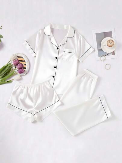 Women Contrast Faux Zijden Collar Pajama Set Satijnen Sleepwear Wit Pj Pjs view 3