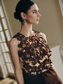 Anewsta Áo ba lỗ không tay họa tiết hoa 3D màu nâu mới dành cho nữ - màu nâu - Xem 6