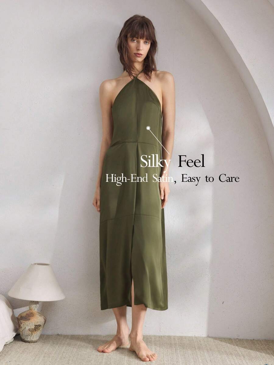 Ocili 女士缎面简约吊带柔软睡袍 - 墨綠色 - 查看 1