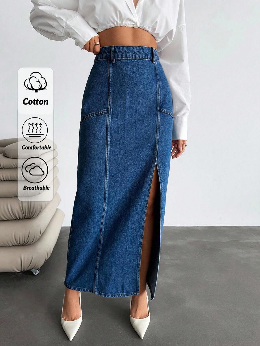 SHEIN Cottnline Chân váy denim dài xẻ tà phía trước lưng thấp - Rửa trung bình - Xem 1