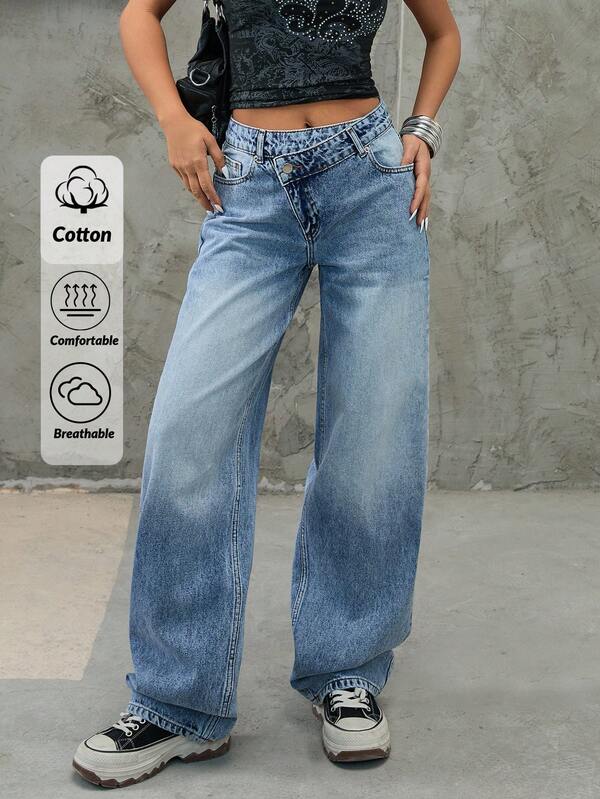 SHEIN Jeans in denim donna vita media dritti con tasche inclinate tinta unita