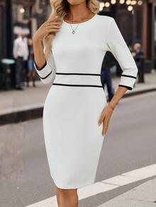 EMERY ROSE Women's Elegant Patchwork Mid-Length Party Dress White Dress With Black Trim White Midi Dress White Bodycon Dress Elegant White Dress Long Sleeve White Dress Night Out Going Out Tops Women Date Night Outfits Women Fall Wedding Guest Dress  Winter Dresses For Women Fall Dress  Fall Outfits Women Winter Outfit For Women - White - View 7